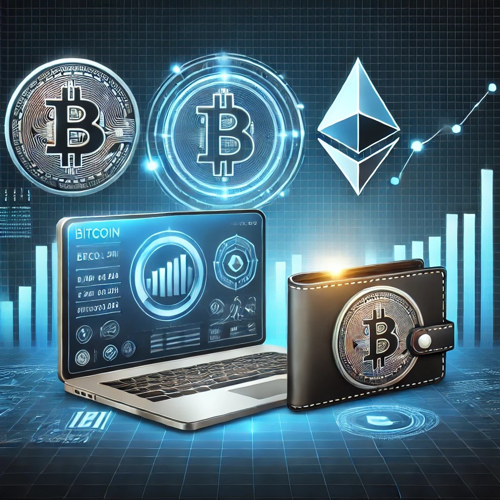 A futuristic digital illustration showcasing cryptocurrency exchanges, wallets, and trading platforms. The image features glowing Bitcoin and Ethereum logos, a digital wallet icon, and a rising trading chart against a high-tech blue and black background, symbolizing secure and advanced crypto trading